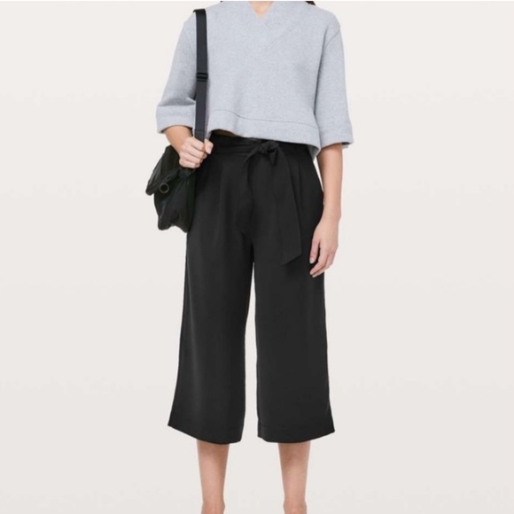 lululemon athletica Pants - Lululemon Black Cropped Wide Leg Dress Pants Tie Waist Paper Bag Noir Crop 4